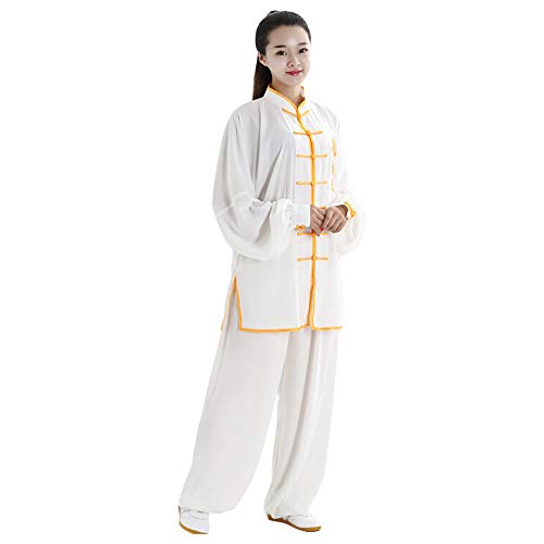 ZooBoo Unisex Cotton and Silk Dragon Embroidery Long Sleeves Tai Chi Uniform Suit Martial Arts Wing Chun Clothing (L, White)