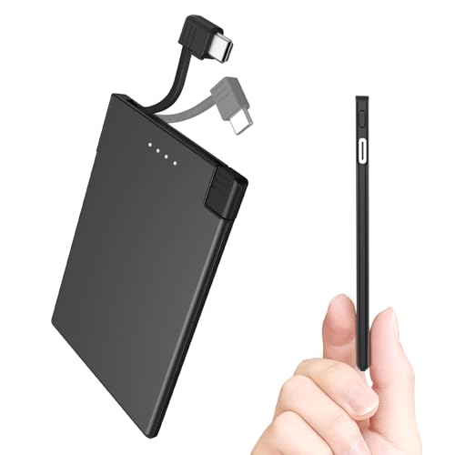 TNTOR Thin USB C Portable Charger with Built in Cable, Slim Power Bank for Travel 3500mAh Safe Battery Pack Charger for Pocket Wallet Compatible with iPhone 15 16 17 Series and Android/Samsung/Google