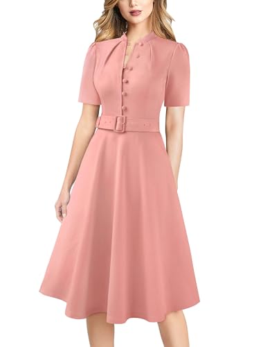 Image of VFSHOW Womens 2024 Business Work Office Pockets Belted Buttons Elegant Fit and Flare A-Line Dress