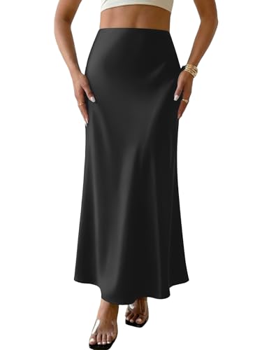 LOMON Black Silk Satin Skirt Dressy Casual Flowy Elegant A Line High Waisted Long Cocktail Wedding Maxi Skirt M
