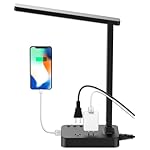 Drevet LED Desk Lamp for College Dorm Room, Desk Light with 1 USB Charging Port 2 AC Power Outlet, 3 Lighting Modes, 3 Level Brightness Touch Lamp, Eye-Caring Home Office Foldable Table Lamp