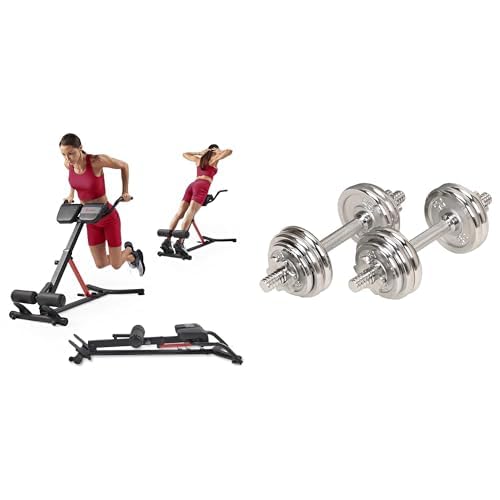 Sunny Health and Fitness Unisex's Station Hyperextension Roman Chair with Dip Station, Black + Adjustable 15 KG Dumbbell Set w/Carry Case, Space Saver, Secure Quick-Lock, Anti-Slip Steel Handle