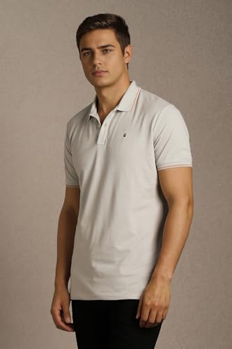 Image of Louis Philippe Men's Slim Fit Single-Tuck Pique Stylized Sleeve Print and Contrast Tipping Half Sleeve Solid Polo Tshirt