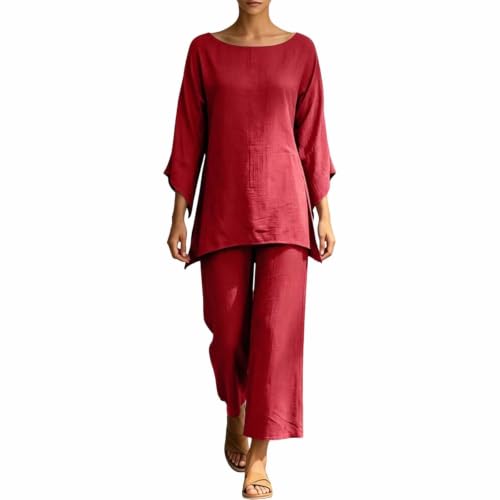Conjunto de salón premium de algodón y lino con acabado suave y pantalón fluido de mujer
