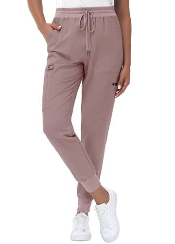 Image of MIVEI High Waisted Jogger Style Scrub Pants for Women - 8 Pockets Medical Bottoms Tapered Yoga Waistband Ribbed Ankle Cuffs