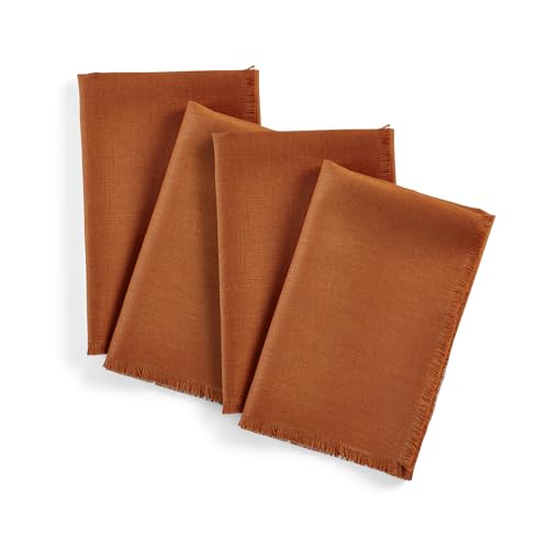 Solino Home Fringe Linen Napkins Set of 4-100% Pure Linen Cinnamon Dinner Napkins 20 x 20 Inch for Mothers Day - Handcrafted and Machine Washable