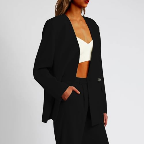 Blazers for Women Business Casual Double-Button Long Sleeve Jackets Shoulder Pad Collarless Open Front Blazer4
