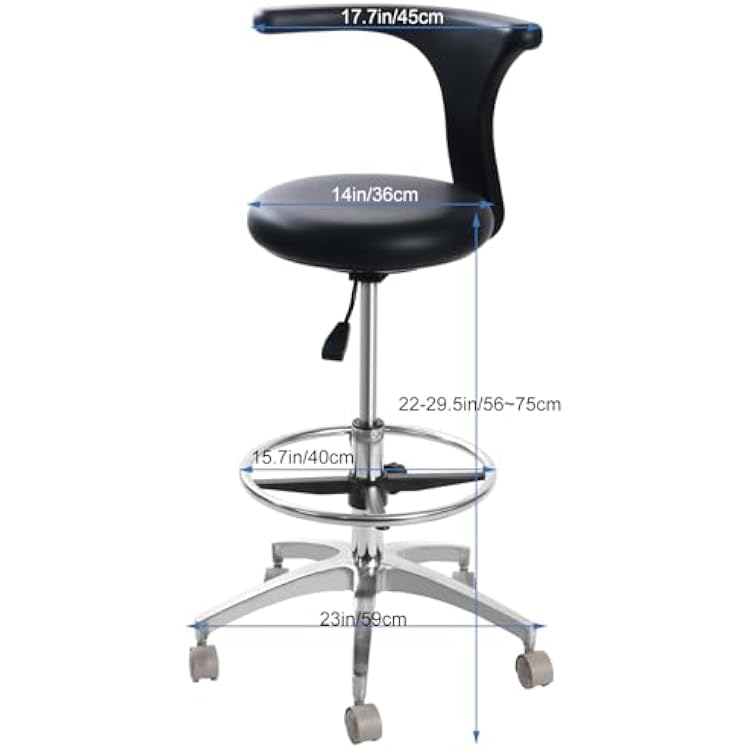 Adjustable Ergonomic Dental Stool with Back Support, Rolling Dentist Chair for Hygienists, Assistants, Black