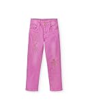 Pantalón denim de color lila con estampado brillante, bolsillos y cierre frontal con botón brillante para niña. Colección Flamingo Mood.