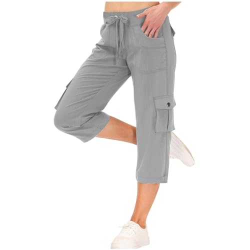Womens Cargo Capris Drawstring Elastic Waist Wide Leg Cropped Cargo Pants with 6 Pockets Casual Travel Hiking Pants3