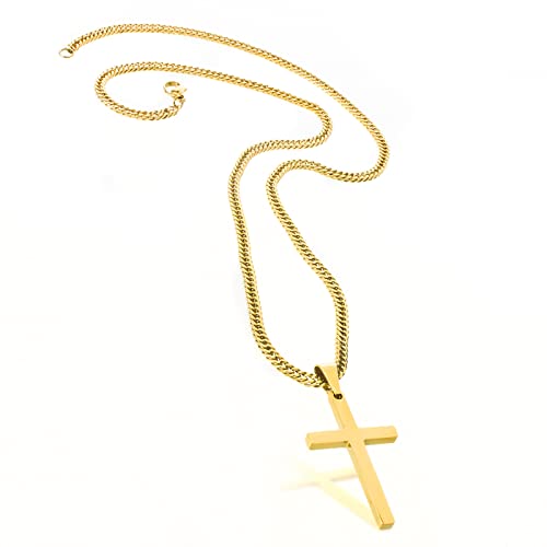 Tuewut Cross Necklace For Men, Silver Gold Stainless Steel Plain Cross Pendant Necklace For Men Cuban Chain 18-26 Inch (24.0 Inches, Gold) #TOP7