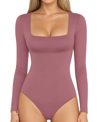 MANGOPOP Body sexy de manga larga con cuello cuadrado para mujer, manga larga, entallado, Manga larga Marsala, XXL