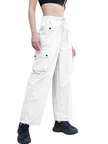 Image of Betusline Girls & Women's High Waist Wide Leg Cargo Pants Y2K Parachute Pants with Pockets and Drawstring 6 Years-Women 2XL