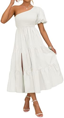ZESICA Women's 2023 Boho Summer One Shoulder Short Sleeve Smocked Side Split Ruffle Swing Midi Dress,White,Small