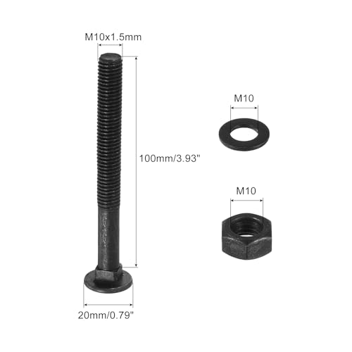 Image of uxcell M10 x 95mm Carriage Bolt Kit, 12 Set Round Head Square Neck Screws, Carriage Bolts Screws Set Includes Washers and Nuts - Carbon Steel Black Oxide for Fastening Accessories