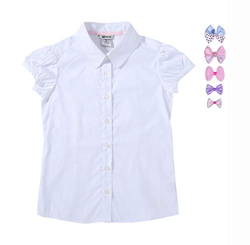 Bienzoe Girls Shirt Short Sleeve: White Button Up Kids School Uniform Cotton Oxford Collar Puff Dress Blouse Bowtie Pack