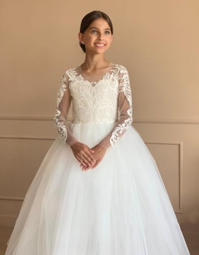 M_RAC Lace Flower Girls Dresses for Wedding Long Sleeve Tulle Princess Party Dress with Train4