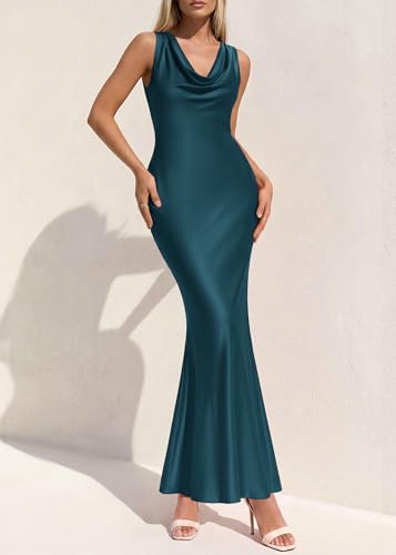 Image of KIRUNDO Womens Cowl Neck Sleeveless Bodycon Satin Maxi Dress | Formal Silk Long Dresses, Mermaid Hem, 2026 Summer Elegant Wedding Guest Cocktail Party Fall Outfits