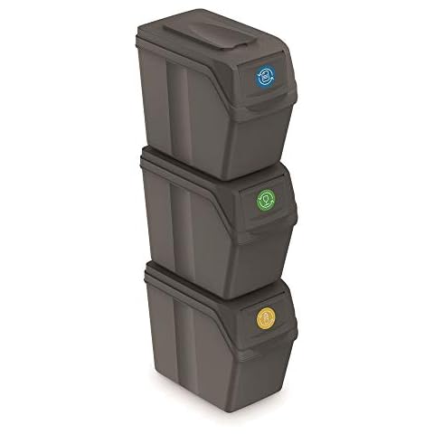 Prosperplast Set of 3 Recycling Bins Total Capacity 60 litres, Stackable, compartments in Grey, 3x20 Litros Cover