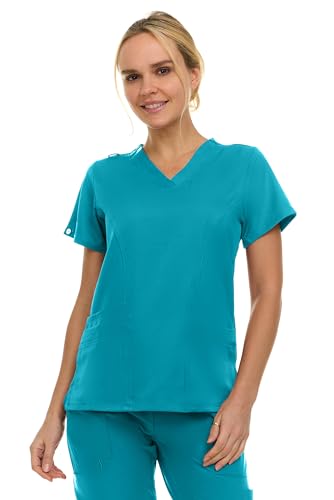 MediChic Women's V-Neck Scrub Top - 3-Pocket, 4-Way Stretch, Comfortable Medical Uniform, Teal Medium