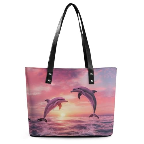 Sea Dolphins Jumping At Sunset Women's Leather Handbag Shoulder Bag Tote Purse Bags for Shopping Travel - Main Image