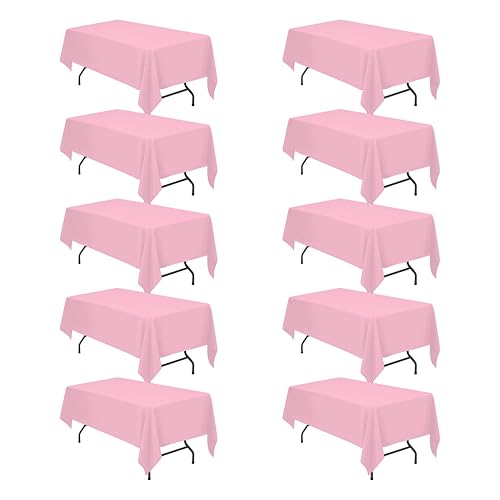 Image of BRILLMAX 10 Pack Pink Tablecloths 60x102 Inch for 6ft Rectangle Tables | 150 GSM Polyester Fabric, 15 inch Standard Drop, Water, Stain & Wrinkle Resistant Cloth Cover for Wedding Reception Banquet Party