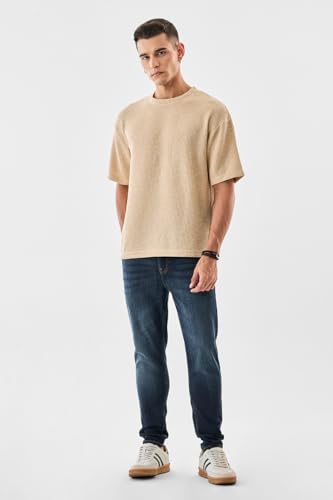Image of SNITCH Men's T-Shirt | Textured Oversized Crew Neck Design | Premium Polyester Blend Fabric with Waffle Weave | Breathable & Lightweight Casual Wear