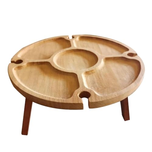 Buhdjfnke Mesa de Picnic Plegable de Madera con Soporte para Copas de Vino - Estante PortáTil para Copas de Vino y Compartimentado para Exteriores