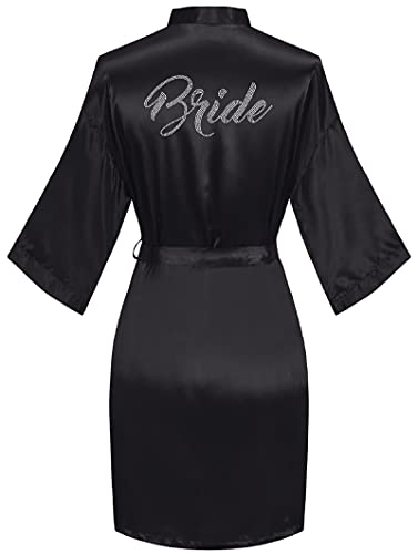 Image of sunshinemall Women's Satin Kimono Robes with Rhinestones Bride Bridesmaid Short Getting Ready Wedding Dressing Gown