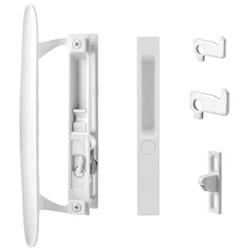 Ruigrit Sliding Patio Glass Door Handle Set, 6-5/8" H.C., Fits 1" to 1-1/8" Thick Doors, White Diecast, Features Lock & Hook Latch, Flush