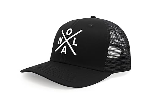 International Tie Hat for Men and Women, Snapback Trucker Baseball Cap, Embroidered Cross Logo (NOLA - New Orleans, All Black)