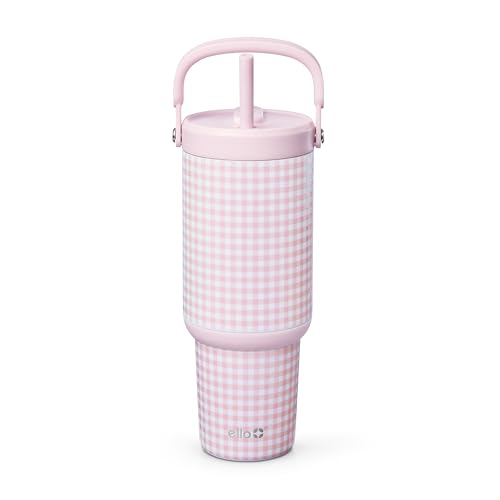 Image of Ello Oasis Go+ 32oz Tumbler with Top Handle and Retracting Straw | Reusable Insulated Stainless Steel Cup, 100% Leakproof Water Bottle, 24 Hours Cold, Cup Holder Friendly For Travel | Pink Gingham