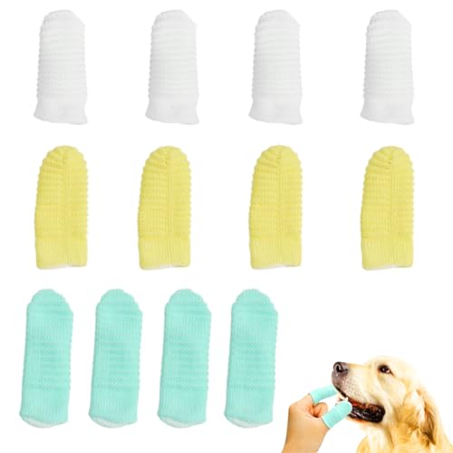 GHPKOTW 12pcs Spazzolino da dito per denti cane piccola taglia,360º Spazzolino da Denti Del Dito del Cane, Fibra Tessuto,per Cani, Cuccioli, Gatti & Piccoli Animali Dentali Cura Dentale(Bianco, giallo