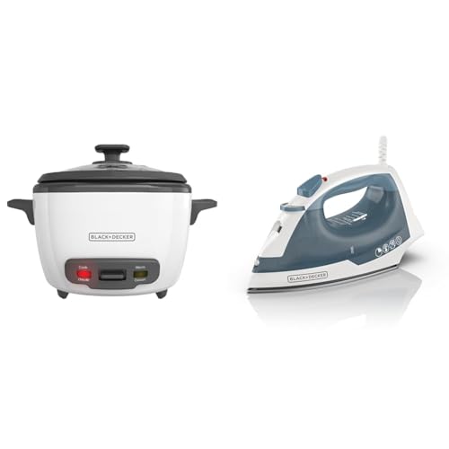 Image of BLACK+DECKER 16-Cup Rice Cooker, RC516, 8-Cup Uncooked Rice, Steaming Basket, Removable Non-Stick Bowl, One Touch & Easy Steam Compact Iron, IR40V, Nonstick Plate, SmartSteam, Anti-Drip, Auto Shutoff