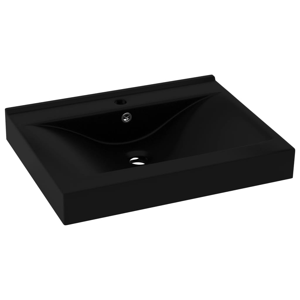 vidaXL Lavabo Lujoso con Agujero de Grifo Tocador Montado Encima Piedra Vasija Aseo Indoro Cocina Garaje Fácil de Limpiar Cerámica Negro Mate 60x46 cm