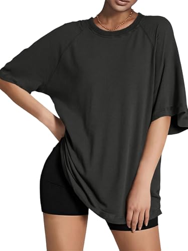 Tankaneo Oversize T Shirt Damen Longshirts Rundhals Kurzarm Oberteile Tops Casual Lockere SportShirts Bluse.Schwarz.XL