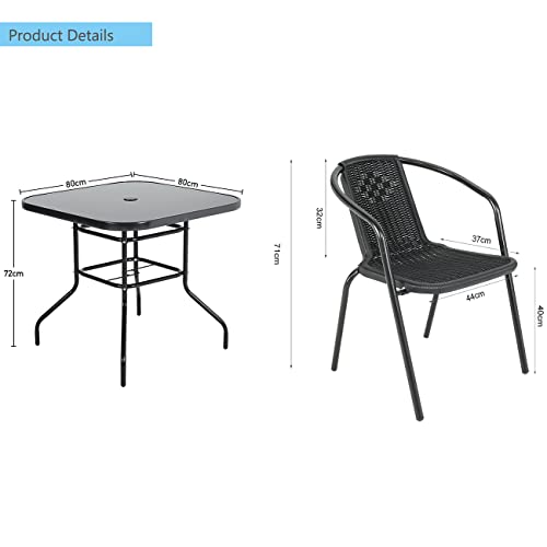 The Fellie Garden Furniture Set Outdoor Dining Table and Chairs Patio Tempered Glass Table Top with Umbrella Hole Wicker Stacking Chairs Seat(80cm Square Table+2PC Chair) 2 The Fellie Garden Furniture Set Outdoor Dining Table and Chairs Patio Tempered Glass Table Top with Umbrella Hole Wicker Stacking Chairs Seat(80cm Square Table+2PC Chair) - Image 2