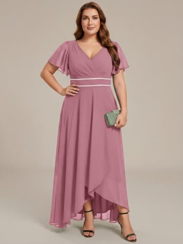 Image of Ever-Pretty Plus Women's Chiffon V-Neck Beading Ruffles Sleeves Maxi High Low Plus Size Formal Dresses