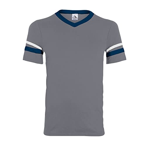 Camiseta para niña Augusta Sportswear Medium con rayas en la manga, colores grafito, azul marino y blanco