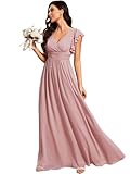 Ever-Pretty Women's Spring Summer Bridesmaid Dress Flowy Chiffon A Line Short Sleeve Back Cutout Formal Dresses Dusty Rose US12