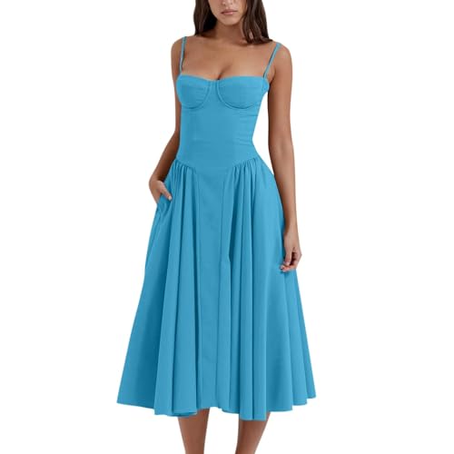 Womens Corset Dress Boho Summer Spaghetti Straps Midi Dress Low Cut Flowy Pleated Bustier Sundress