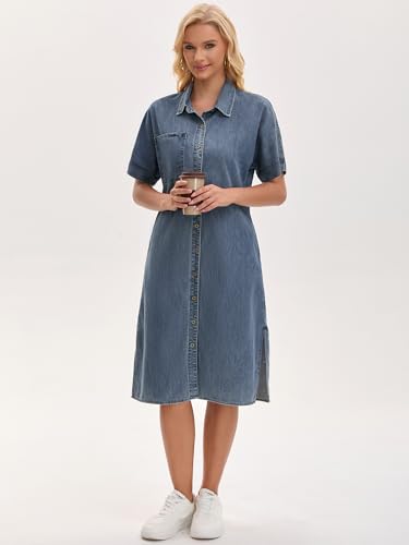 Image of Women's Midi Denim Dress Summer Short Sleeve Button Down Casual Loose Long Tunic Jean Shirt Dress