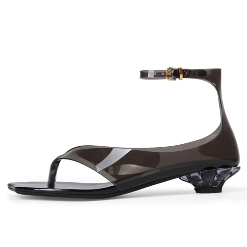 Image of Women's Flip Flop Kitten Heels - Jelly Thong Heeled Sandals with Clear Strap, Transparent Low Heel Mules, Stylish Thong Kitten Heels for Summer, Casual Dress Sandals