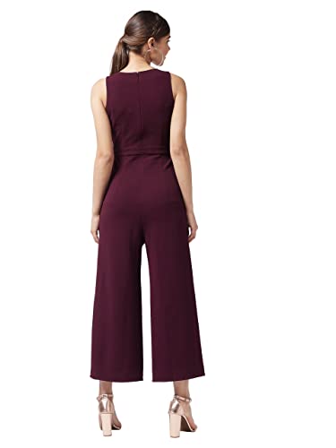 Image of Miss Chase Women's Wine V-Neck Sleeveless Solid Wrap Regular Jumpsuit