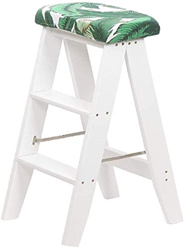 Preisvergleich Produktbild DM-WJM Klappstufen Mini Holzstufenleiter Hocker Multifunktionsklappstufen Küchenbibliothek Büro 3 Stufen grünes Blatt Abnehmbares Kissen-Weiß