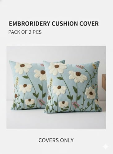 Image of CASA-NEST Linen Embroidery Cushion Cover, Size -16x16 inch, Pack of 2 pc, Decorative Sofa Cushion (Aqua, 2)