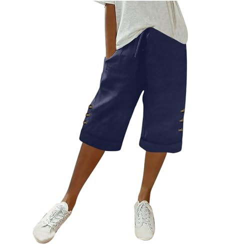 Women's Cotton Linen Shorts with Buttons Plain Shorts Elastic High Waist Linen Shorts Loose Rolled Short Trousers Casual Straight Leg Fabric Trousers