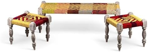 Ikiriya Hamilton Sheesham Wood Vintage 3+1+1 Seater Maachi Bench/Charpai/Khatiya/Rajasthani Traditional Settees/Recamiers with 2 Stools in Multi Colour Chindi & Yellow Rope Canning for Living Room