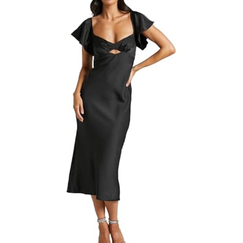 VUBIYA Women's Summer Satin Midi Dress Flutter Sleeve Wedding Guest