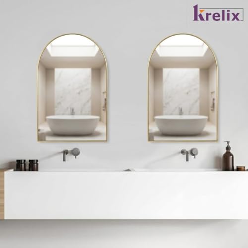 Image of 12x18 Inch Gold Arched Vanity Mirror - Modern Plastic Frame Wall Mirror for Bathroom, Bedroom & Home Decor(Gold, Cruved)